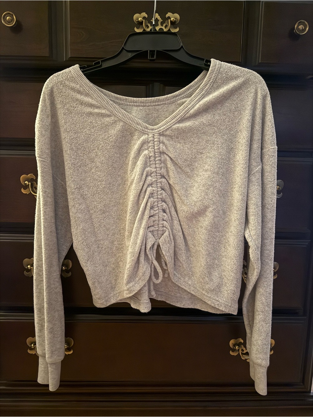aerie Taupe Ruched V-Neck Pullover Hoodie